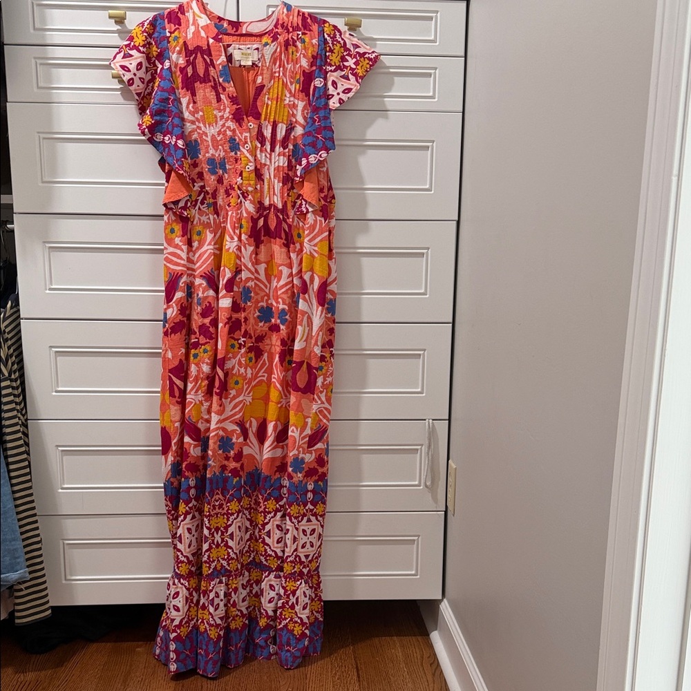 Anthropologie Pink Orange Floral Maxi Dress
